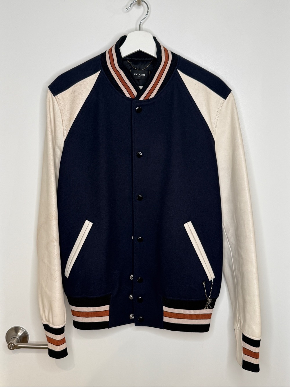 Coach Navy and White Varsity Bomber Jacket with Brown Trim